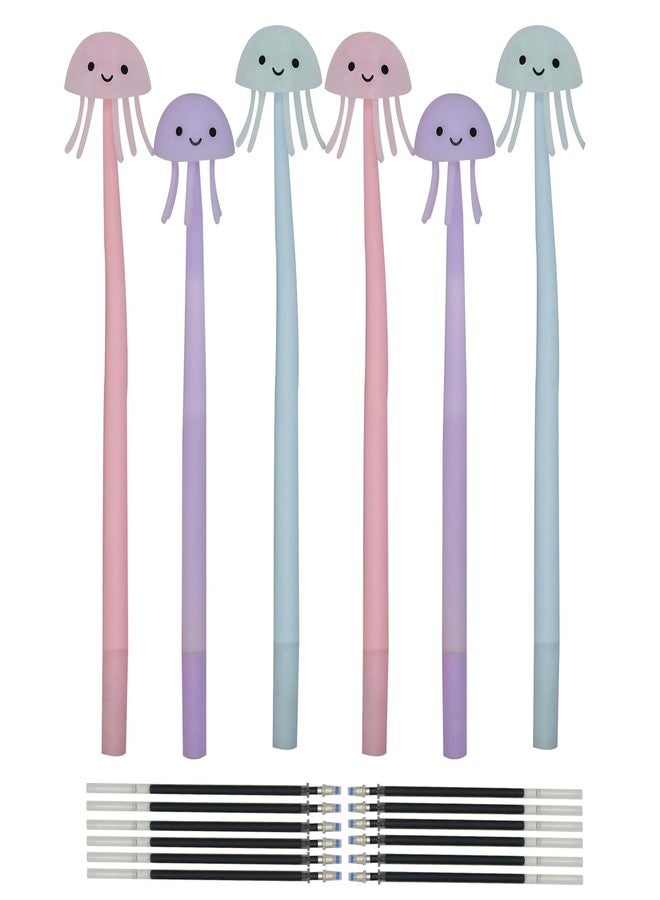 Lopenle 6PCS Novelty Jellyfish Pens Wiggle Gel Pens Soft Silicone Ballpoint Pens Bendable Pen With12 Pieces Refills Black Ink 0.5mm For School Office Home Stationery Store - Image 1