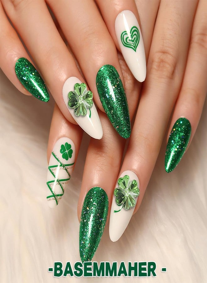 BASEMMAHER 24Pcs Glitter 3D Green Shamrock Nail Charms for St. Patrick's Day Clover Nail Rhinestone Decal Crystal Diamond Alloy Nail Gems Irish Decorations for Women Girls Manicures Eyes Makeup Crafts - Image 3