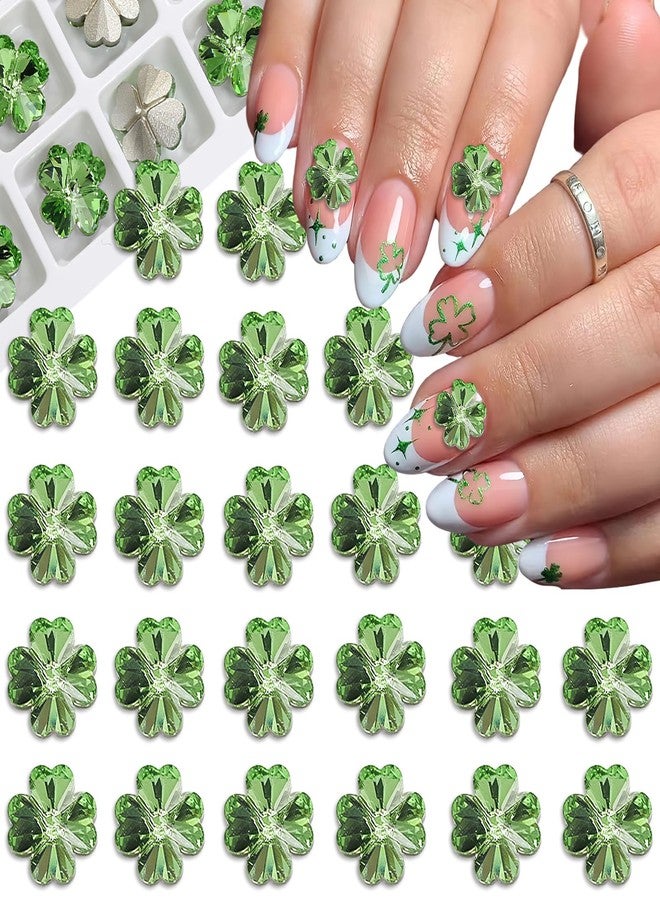 BASEMMAHER 24Pcs Glitter 3D Green Shamrock Nail Charms for St. Patrick's Day Clover Nail Rhinestone Decal Crystal Diamond Alloy Nail Gems Irish Decorations for Women Girls Manicures Eyes Makeup Crafts - Image 1