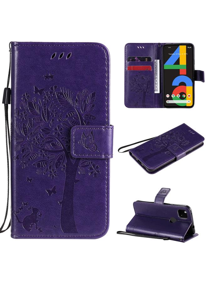 Zaboon Case For Google Pixel 4a 4G Tree & Cat Embossed Pattern Horizontal Flip Leather Case with Holder & Card Slots & Wallet & Lanyard - Image 1