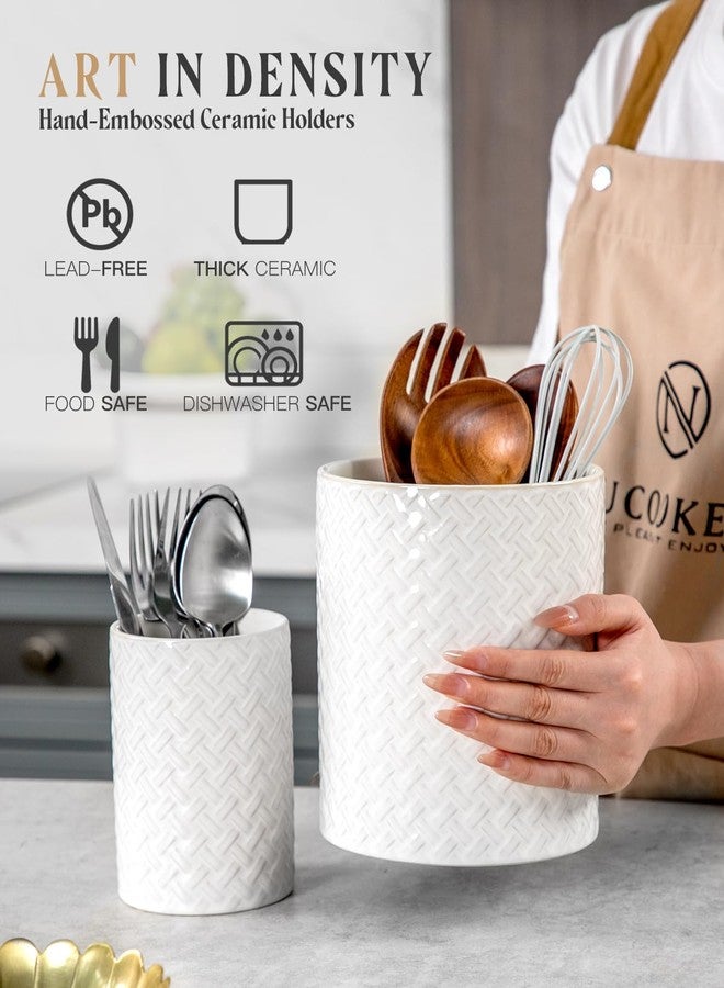 Nucookery حامل أدوات مطبخ مزدوج الأحجام - حامل أدوات مطبخ سيراميكي 7.1 بوصة + 5.4 بوصة لسطح المطبخ، وعاء كبير للأدوات، منظم أدوات الطبخ للملاعق، مزهرية منقوشة بنمط ريفي لهدايا الانتقال إلى منزل جديد، ديكور مطبخ - Image 4