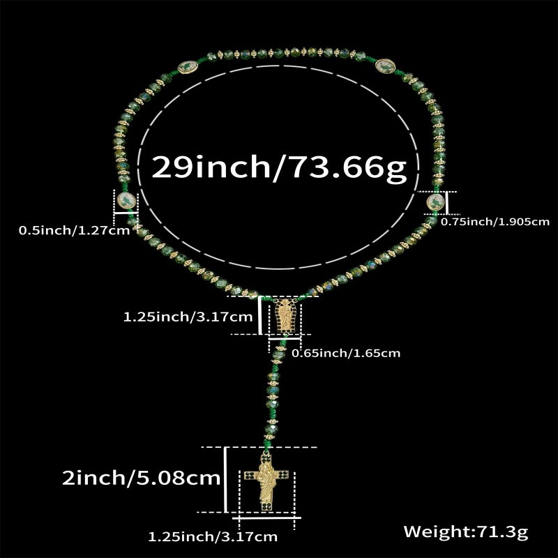 Bovemee Exquisite Rosary Saint Jude Cross Pendant Mexican Necklace - Braided Cord Green Crystal beads Chain, Charm Accessories for Men and Women, Catholic St Jude Elegant Religious Jewelry Gift Idea (Green) - Image 5