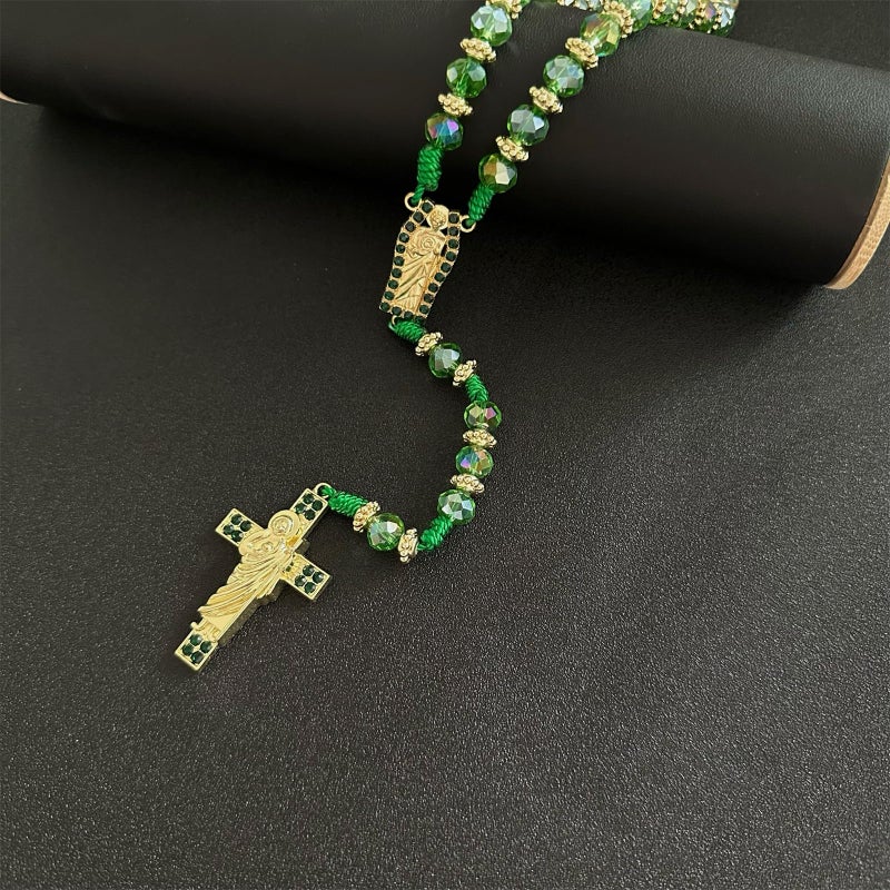 Bovemee Exquisite Rosary Saint Jude Cross Pendant Mexican Necklace - Braided Cord Green Crystal beads Chain, Charm Accessories for Men and Women, Catholic St Jude Elegant Religious Jewelry Gift Idea (Green) - Image 2