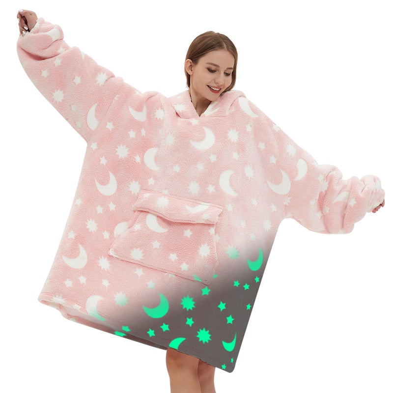 Mewkou Glow in The Dark Wearable Blanket Hoodie for AdultOversized Sherpa Fleece Blanket Hoodie for Women MenLuminous Moon and Stars