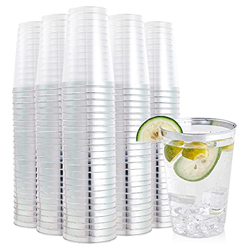 FOCUSLINE 200 Pack 12 oz Silver Rimmed Plastic Cups Clear Plastic Cup 12 Ounce Tumblers Heavyduty  Fancy Disposable Cups with Silver Rim for Wedding Cups Elegant Party