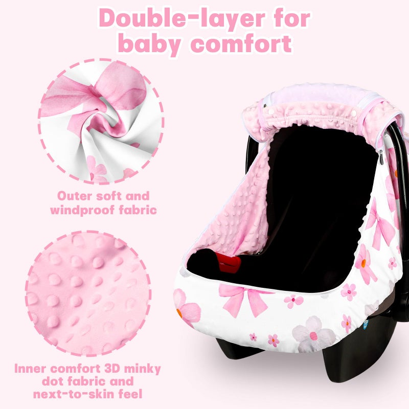 Hooyax Baby Car Seat Cover with Dual Zipper, Extra Large Mesh Window Carseat Canopy, All-Season Weather Protection for Infant Car Seats & Strollers (Pink Bow) - Image 3
