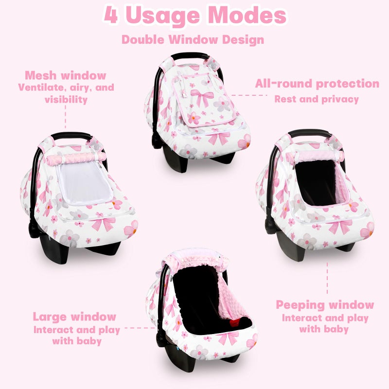 Hooyax Baby Car Seat Cover with Dual Zipper, Extra Large Mesh Window Carseat Canopy, All-Season Weather Protection for Infant Car Seats & Strollers (Pink Bow) - Image 2