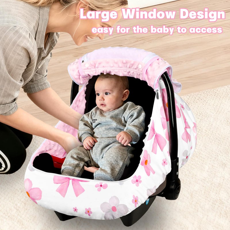 Hooyax Baby Car Seat Cover with Dual Zipper, Extra Large Mesh Window Carseat Canopy, All-Season Weather Protection for Infant Car Seats & Strollers (Pink Bow) - Image 4