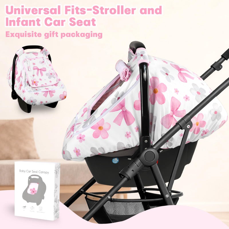 Hooyax Baby Car Seat Cover with Dual Zipper, Extra Large Mesh Window Carseat Canopy, All-Season Weather Protection for Infant Car Seats & Strollers (Pink Bow) - Image 5