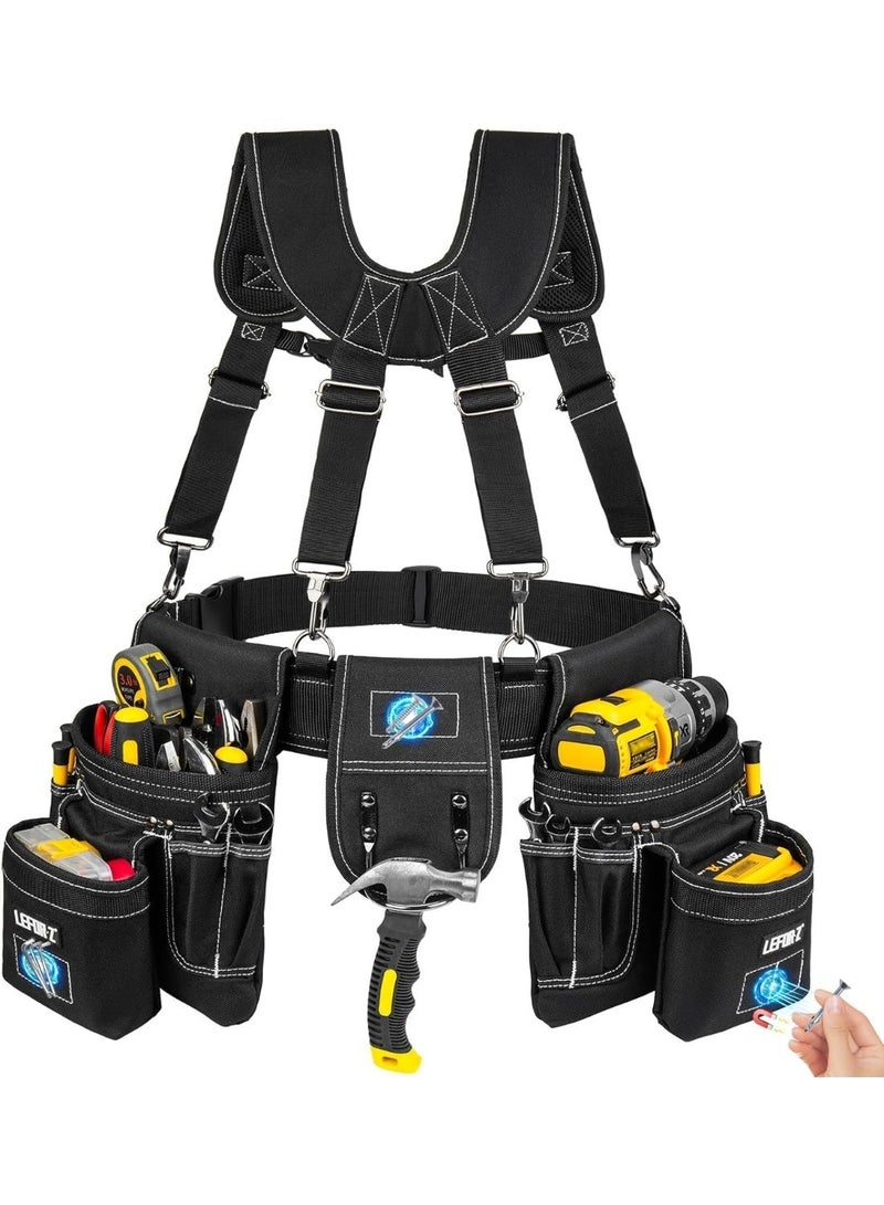 Arabest Heavy Duty Tool Belt with Suspenders,27-Pockets,Magnetic Pouch,Detachable Adjustable,Black - Image 1