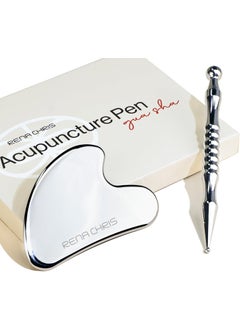Rena Chris Rena Chris Stainless Steel Gua Sha and Acupuncture Pen, Manual Reflexology Tools for Muscle Tension and Pain Relief, Acupressure Pen and Gua Sha Set with Reflexology Chart, Easy to Use 
