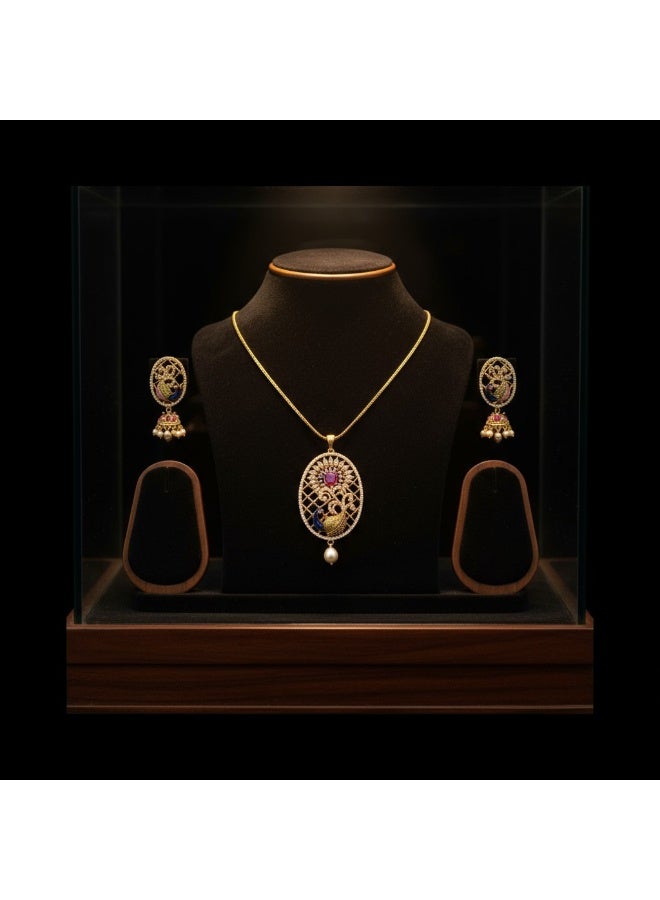 Pretty Precious Elegant American Diamond Pendant Set for Women | Gold Plated CZ Jewellery | Necklace with Matching Earrings-Meenakari - Image 3