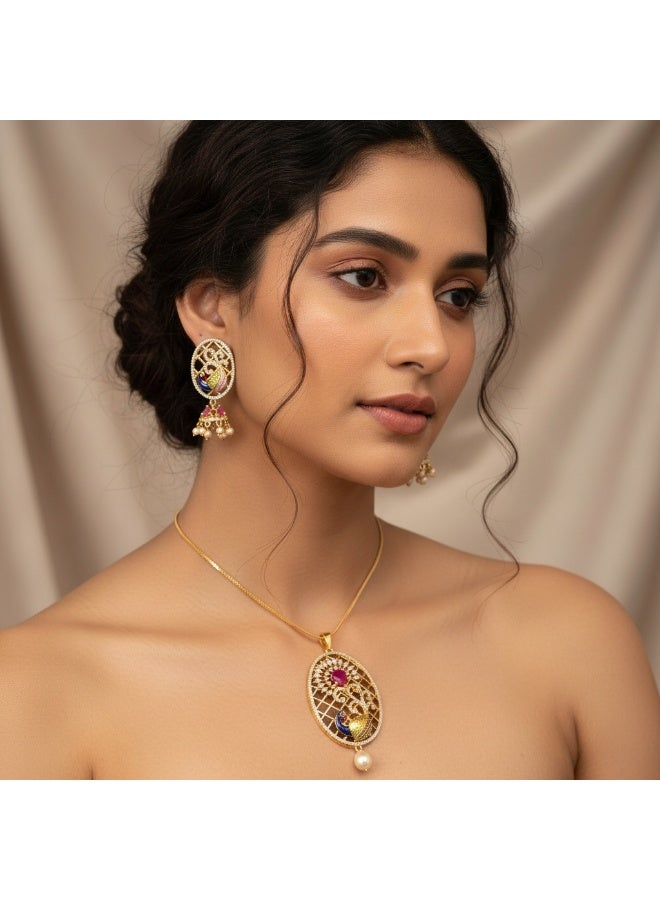 Pretty Precious Elegant American Diamond Pendant Set for Women | Gold Plated CZ Jewellery | Necklace with Matching Earrings-Meenakari - Image 1