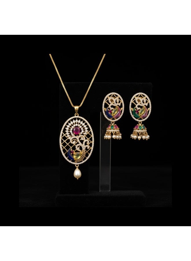 Pretty Precious Elegant American Diamond Pendant Set for Women | Gold Plated CZ Jewellery | Necklace with Matching Earrings-Meenakari - Image 2