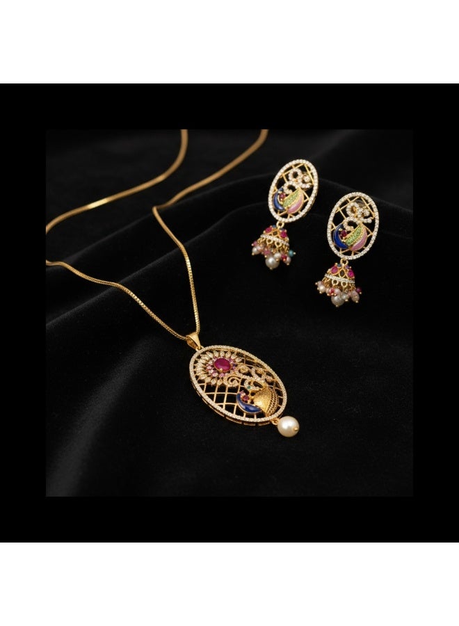 Pretty Precious Elegant American Diamond Pendant Set for Women | Gold Plated CZ Jewellery | Necklace with Matching Earrings-Meenakari - Image 4