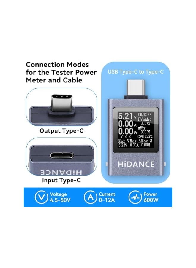 HIDANCE USB C Power Meter Tester, PD 3.1 Type-C Digital Multimeter for 4-50V, 0-12A Voltage & Current Detection – Fast Charge Capacity Measurement, Supports PD2.0/PD3.0, QC2.0/QC3.0
