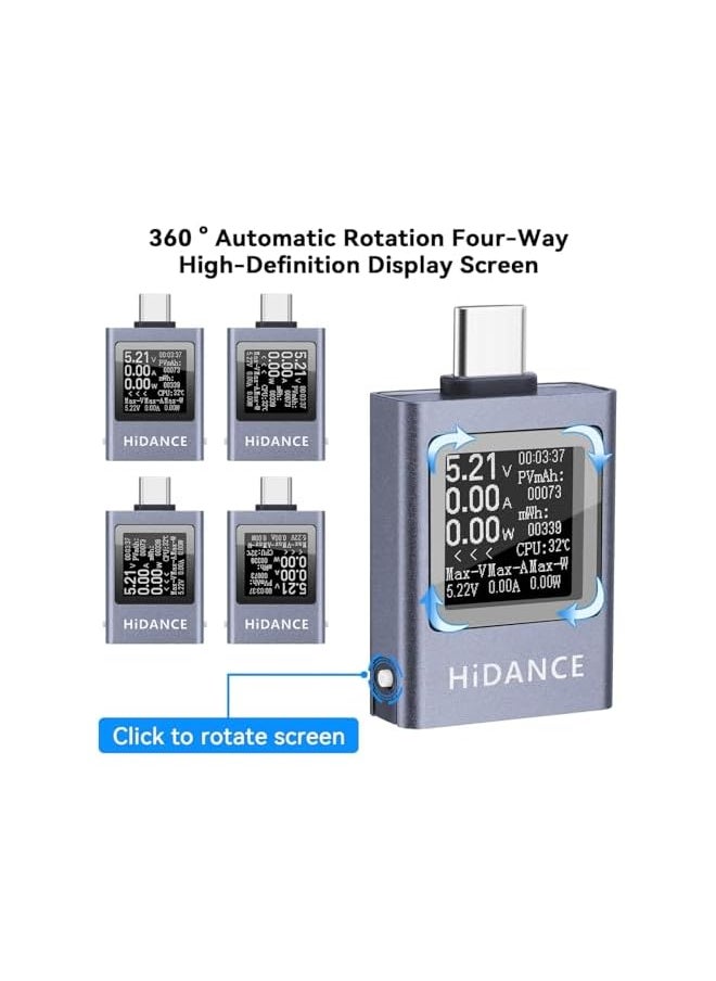 HIDANCE USB C Power Meter Tester, PD 3.1 Type-C Digital Multimeter for 4-50V, 0-12A Voltage & Current Detection – Fast Charge Capacity Measurement, Supports PD2.0/PD3.0, QC2.0/QC3.0
