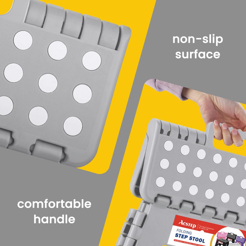 ACSTEP Folding Step Stool 9'' Foldable Step Stool for Kids and Adults Up to 300 lbs, Non-Slip Folding Stools with Portable Handle for Bedroom Kitchen, Bathroom Grey - Image 3