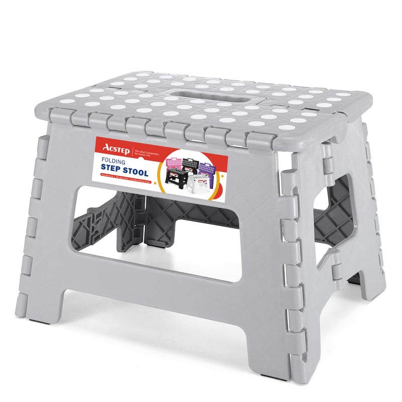 ACSTEP Folding Step Stool 9'' Foldable Step Stool for Kids and Adults Up to 300 lbs, Non-Slip Folding Stools with Portable Handle for Bedroom Kitchen, Bathroom Grey - Image 1