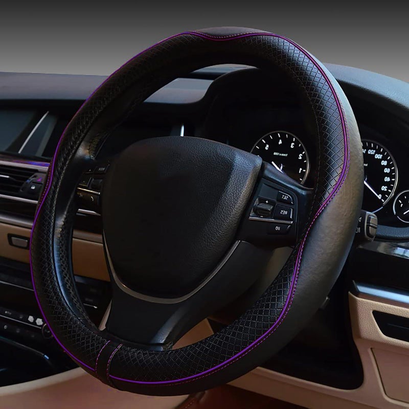 ESEWALAS Universal Car Steering Wheel CoverAntiSlip Leather Steering Wheel CoverSports Style Steering Wheel ProtectorCar Interior Accessories Auto Steering Wheel Covers Black with Purple