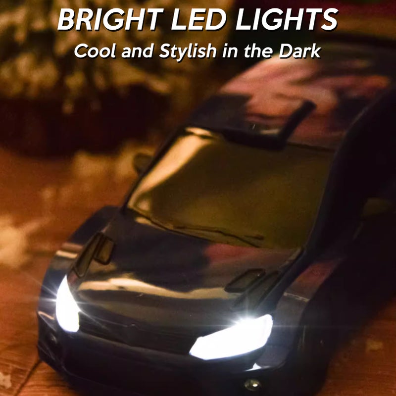 سيارة تحكم عن بعد، سيارة لعبة رباعية الدفع بتردد 2.4 جيجاهرتز بنسبة 1/28 مع أضواء LED، بطاريتان، إطارات انحراف، مركبة سباق كهربائية كهدية عيد ميلاد لطفل بني، لون أزرق - Image 4