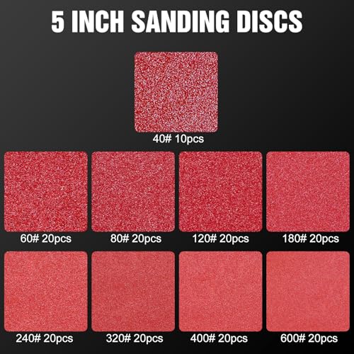 Pukamam 170 Pcs 5 inch Sanding Discs 40 60 80 120 180 240 320 400 600 Grit 8 Hole Hook and Loop Round Sandpaper for Random Orbital Sander - Image 2