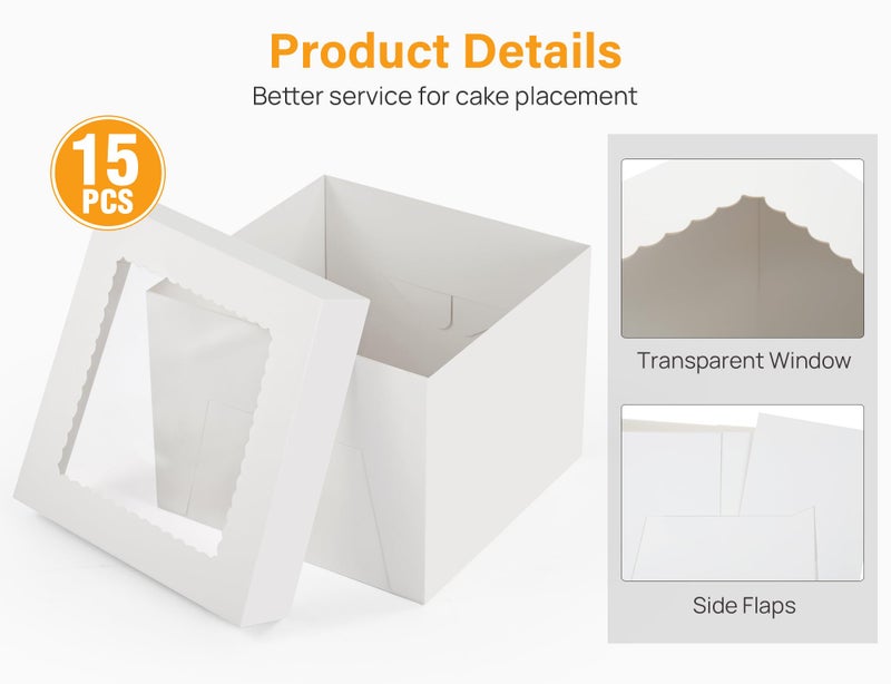 Kootek 15pcs Cake Boxes, 12x12x8 Inches Tall Cake Box with Window, White Bakery Boxes, Large Baking Boxes, Square Cardboard Cake Box for Multi-Layer Cakes, Cake Decorating Supplies for Gift Giving - Image 3