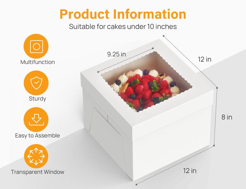 Kootek 15pcs Cake Boxes, 12x12x8 Inches Tall Cake Box with Window, White Bakery Boxes, Large Baking Boxes, Square Cardboard Cake Box for Multi-Layer Cakes, Cake Decorating Supplies for Gift Giving - Image 2