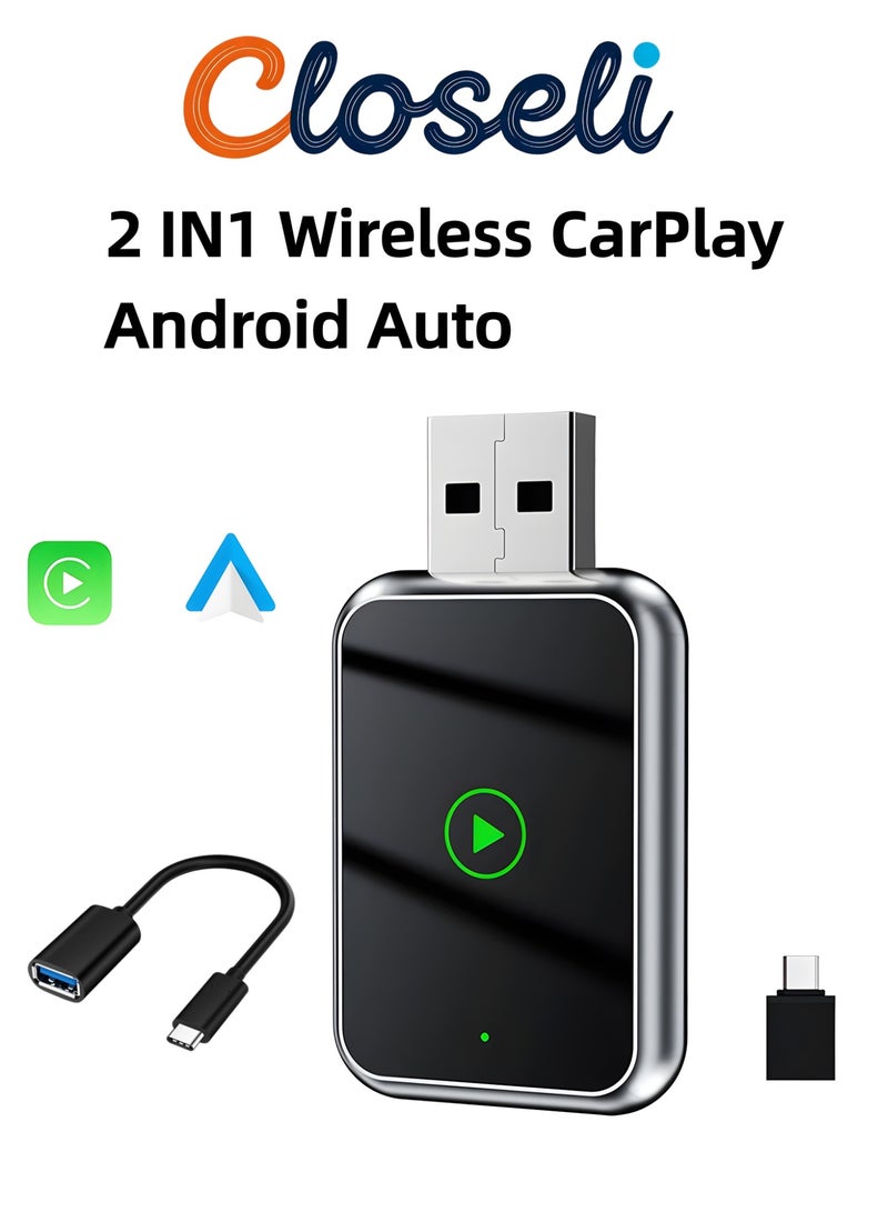 كلوزيلي محول كاربلاي لاسلكي، 2 في 1 كاربلاي وأندرويد أوتو، سهل التوصيل والتشغيل، محول من سلكي إلى لاسلكي، اتصال بلوتوث وواي فاي مستقر، تصميم صغير الحجم، متوافق مع USB-A/Type-C، تحديث عبر الإنترنت (OTA) - Image 1