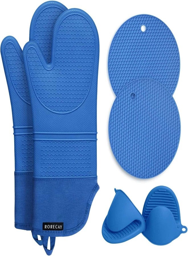 Rorecay 6pcs Oven Mitts and Pot Holders Sets for Kitchen, Extra Long Non-Slip Silicone Oven Gloves Heat Resistant 500 Degrees Potholders Hot Pads for Baking Cooking, Quilted Liner, Lake Blue - Image 1