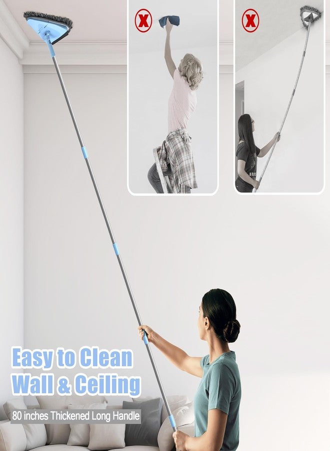 NEWE Wall Mop Cleaner with 80 Inches Long Handle, 180° Folding Ceiling Cleaning Tool with Squeegee, Triangle Baseboard Scrubber with 4 Chenille Duster and 2 Microfiber Pads for Washing Painted Walls - Image 2