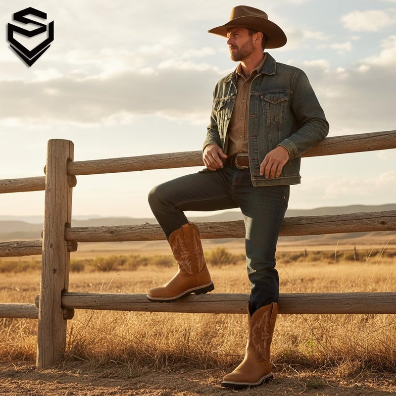 SUREWAY Men's Western Cowboy Boots-Soft Toe,Waterproof Square Toe Work Boots for Men,Extremely Comfortable Durable Proved,Superior Oil/Slip Resistant,Thicker Leather,Rubber Sole,Work Boots/Shoes With - Image 2