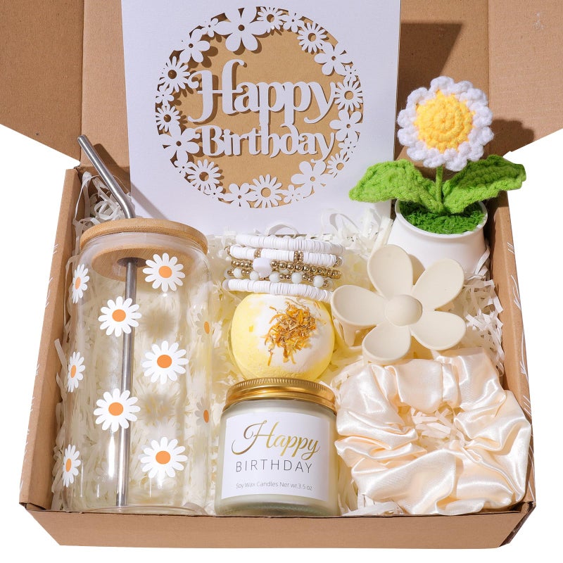 FAJAO Birthday Gifts For Women, Teen Girl, Her, Happy Birthday Gift Box For Girl, Daughter, Women, Sister,Friends, Cute Daisy Aesthetic Glass Cups Gift Set 8pcs - Image 1