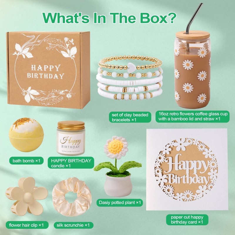 FAJAO Birthday Gifts For Women, Teen Girl, Her, Happy Birthday Gift Box For Girl, Daughter, Women, Sister,Friends, Cute Daisy Aesthetic Glass Cups Gift Set 8pcs - Image 2