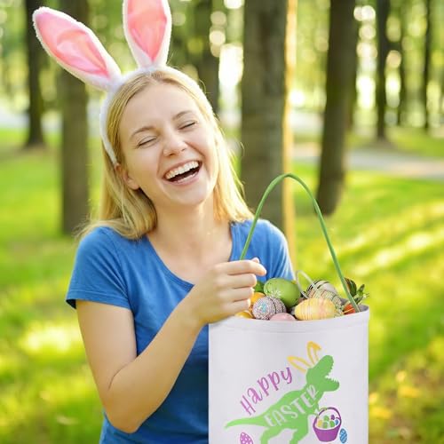 Cosblank Easter Baskets with Handle, Dinosaur Canvas Eggs Hunt Bag Gifts Bucket Tote for Easter Party(1 Pcs,Green) - Image 4