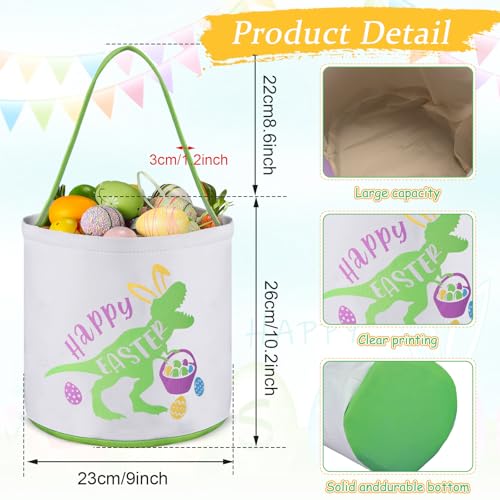 Cosblank Easter Baskets with Handle, Dinosaur Canvas Eggs Hunt Bag Gifts Bucket Tote for Easter Party(1 Pcs,Green) - Image 3