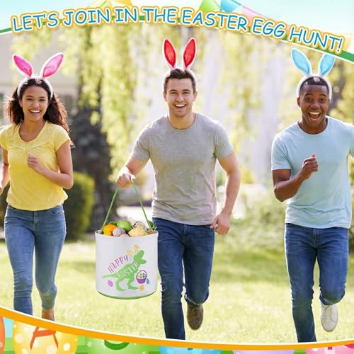 Cosblank Easter Baskets with Handle, Dinosaur Canvas Eggs Hunt Bag Gifts Bucket Tote for Easter Party(1 Pcs,Green) - Image 5