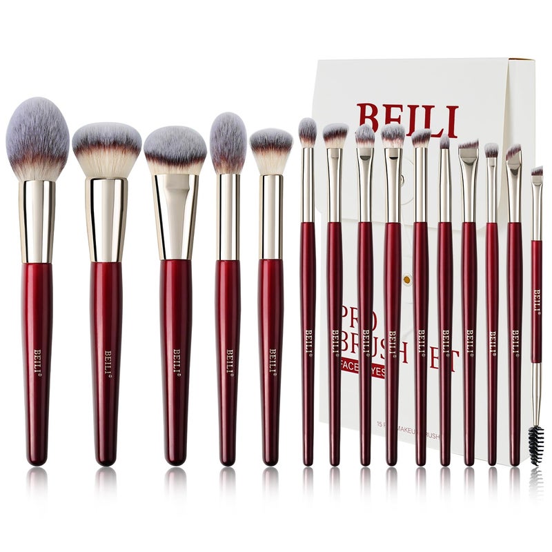 BEILI Makeup Brush Set 15Pcs Professional Contoured Foundation Brush Premium Synthetic Makeup Brushes for Liquid, Cream & Powder Eyeshadow(Red)