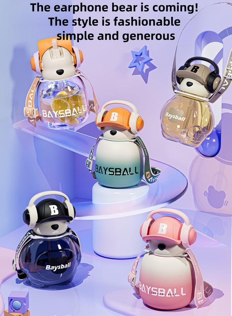 nihao New Cute Bear with Earphone Outdoor Water Cup Large Capacity Straw ,Tumbler,Children's Water Bottle ,Leak-Proof Water Bottle with Flip Top Reusable Plastic Drinking Bottle 650ML-Gradient Green - Image 2
