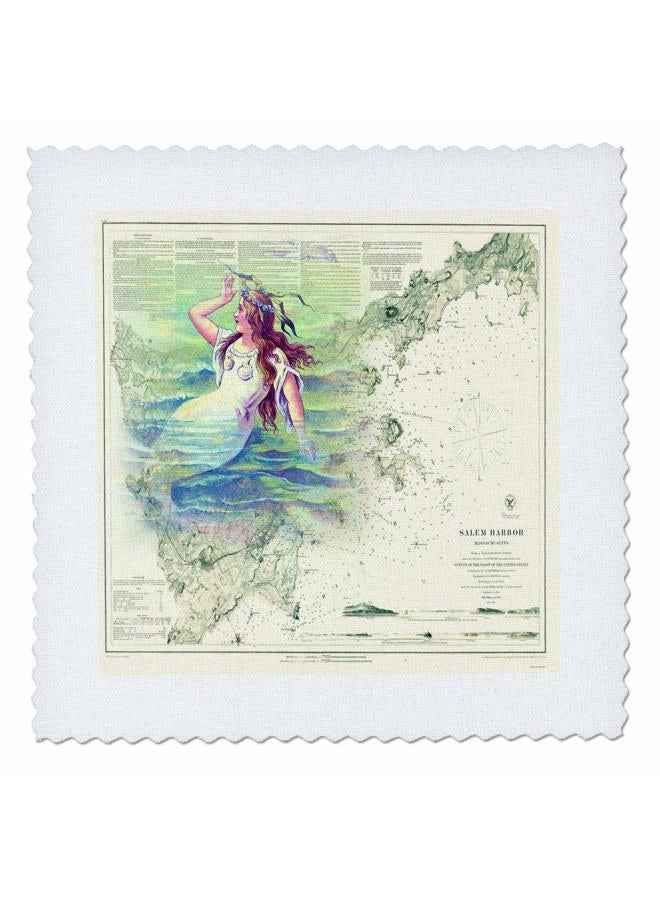 3DROSE Print of Salem Harbor Vintage Chart with Mermaid - Fabric Quilt Square, 12 by 12-Inch (qs_204906_4) - Image 1