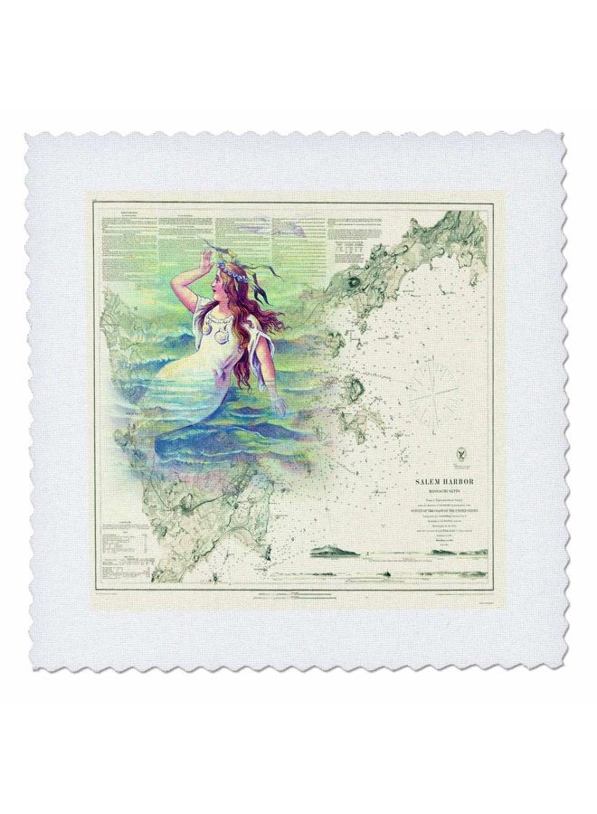 3DROSE Print of Salem Harbor Vintage Chart with Mermaid - Fabric Quilt Square, 12 by 12-Inch (qs_204906_4) - Image 4