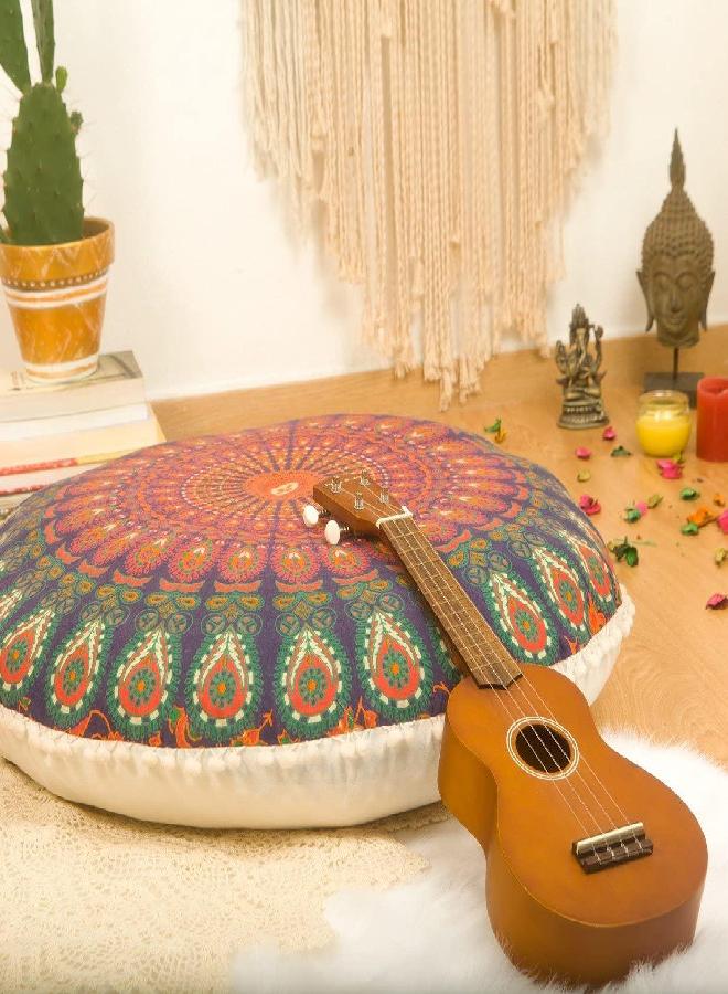 Mandala Life ART Mandala Life ART Bohemian Yoga Décor Floor Cushion Cover - Round Mediation Pillow Case - Hand Printed Organic Cotton Pouf (Pouf Cover 30", Orange Peacock)  - Image 1