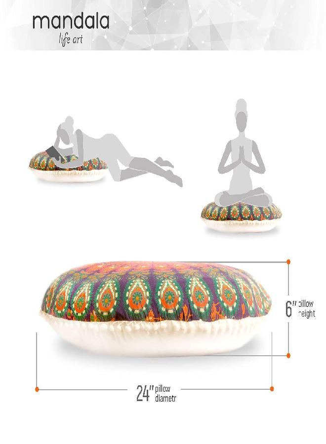 Mandala Life ART Mandala Life ART Bohemian Yoga Décor Floor Cushion Cover - Round Mediation Pillow Case - Hand Printed Organic Cotton Pouf (Pouf Cover 30", Orange Peacock)  - Image 2