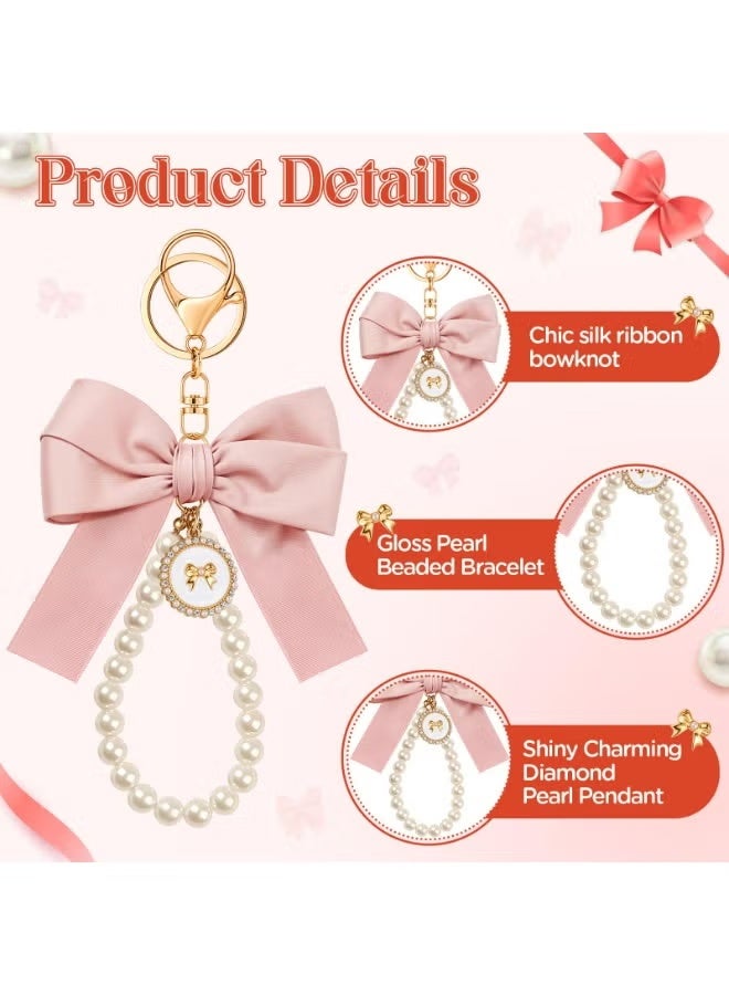 GIFT 4Pcs Pink and Red Bow Keychain for Women, Pearl Wristlet Keyring, Car Keys Handbag Purse Pendant, Cute Bag Charm Accessory, Elegant Key Holder for Purse, Handbag, Backpack, Ideal Gift for Girls (Light Pink & Red) - Image 2
