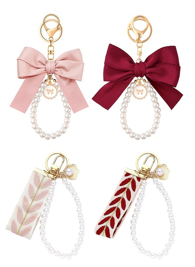 4Pcs Pink and Red Bow Keychain for Women, Pearl Wristlet Keyring, Car Keys Handbag Purse Pendant, Cute Bag Charm Accessory, Elegant Key Holder for Purse, Handbag, Backpack, Ideal Gift for Girls (Light Pink & Red)