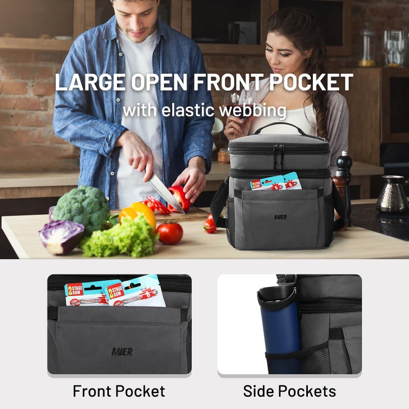 MIER Lunch Box for Men Expandable Insulated Dual Compartment Lunch Bag Leakproof Cooler Bag with Front and Back Pockets for Adult Work Travel Picnic Beach, Grey - Image 4