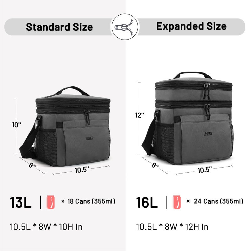 MIER Lunch Box for Men Expandable Insulated Dual Compartment Lunch Bag Leakproof Cooler Bag with Front and Back Pockets for Adult Work Travel Picnic Beach, Grey - Image 2