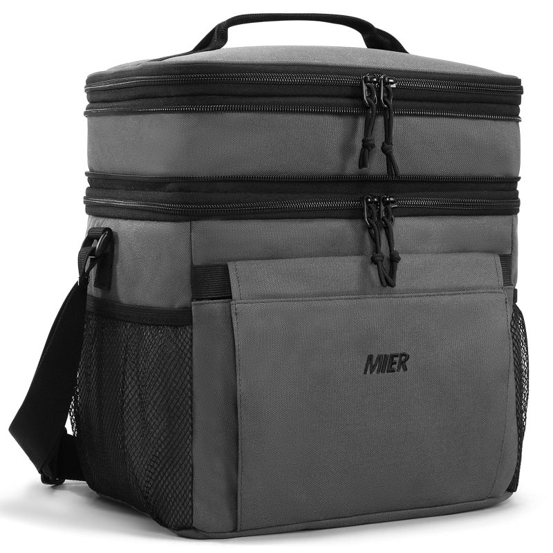 MIER Lunch Box for Men Expandable Insulated Dual Compartment Lunch Bag Leakproof Cooler Bag with Front and Back Pockets for Adult Work Travel Picnic Beach, Grey - Image 1