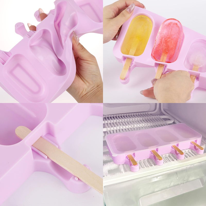 BTYMS 3 Set Violet Samll Popsicles Molds with Lids and 100 Pieces Wooden Popsicles Sticks, 4 Cavities Silicone Ice Cream Molds for Making Cakesicles, Cake Pops, Ice Cream - BPA Free - Image 4