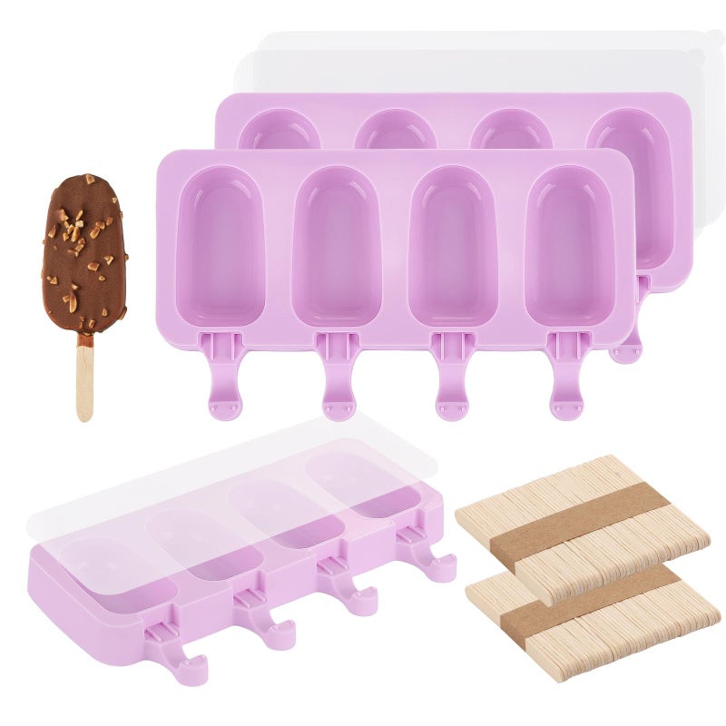 BTYMS 3 Set Violet Samll Popsicles Molds with Lids and 100 Pieces Wooden Popsicles Sticks, 4 Cavities Silicone Ice Cream Molds for Making Cakesicles, Cake Pops, Ice Cream - BPA Free - Image 1